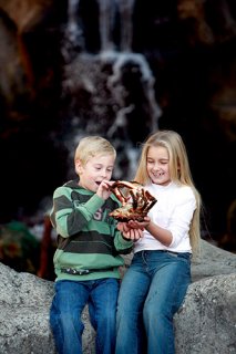 Eine Junge und ein Mädchen sitzen auf einem Fels. Das Mädchen hält einen großen roten Krebs in den Händen. Der Junge prüft staunend, ob die Zangen funktionieren.